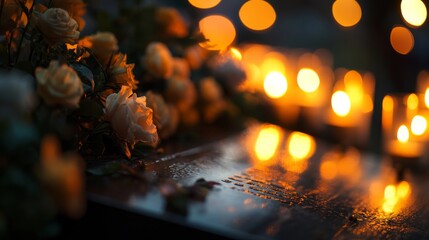 Close-up of a memorial plaque with a blurred background of flowers and candles, evoking remembrance, reflection, and tribute to loved ones