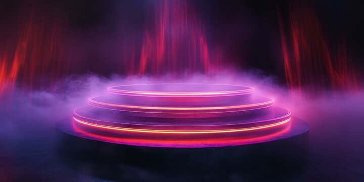 A vibrant, illuminated stage with fog, suitable for events, performances, or promotional materials in entertainment.