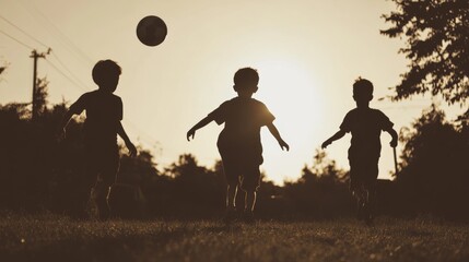 Silhouetted children playing soccer at sunset.