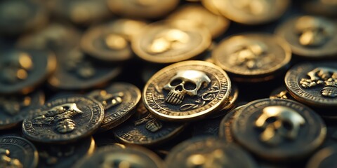 Golden skull coin is standing out from a pile of other pirate coins with warm sunset light shining on them, creating a dramatic and mysterious background