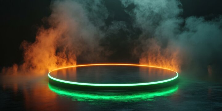 A glowing circular platform surrounded by colorful smoke, suitable for futuristic themes, gaming, or event promotions.