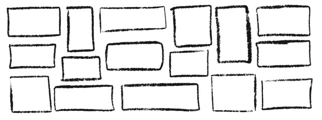 Set of grunge rectangular frames, square shapes drawn in black charcoal, chalk or ink for design, banner, poster, brochure, cover. Inked empty boxes. Vector illustration