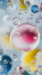 Bubbles of various colors suspended in liquid create a mesmerizing abstract effect in bright light