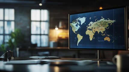 Realistic digital weather map displayed on a screen with a blurred office workspace in the background. Modern interface showcasing weather data and forecasts