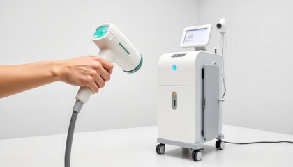 Modern laser hair removal device in minimalistic clinic, beauty technology