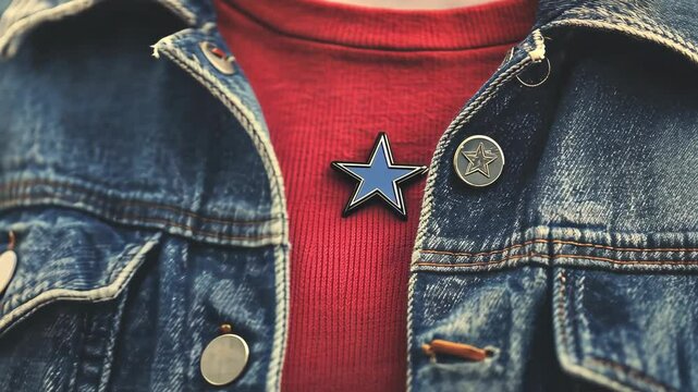 Denim jacket with a star pin on a red sweater worn by an individual in a casual setting