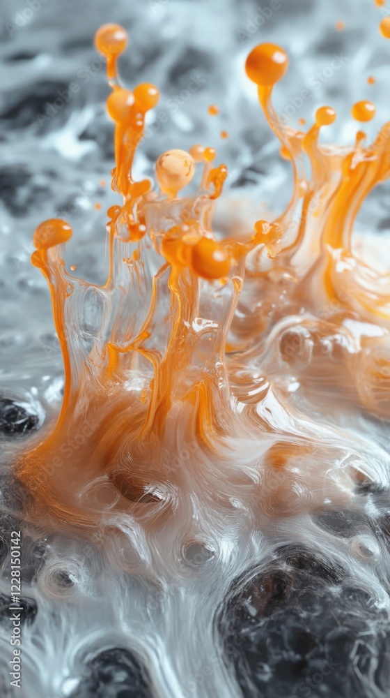 Poster vibrant orange splashes blend with swirling water creating dynamic patterns in a close-up view