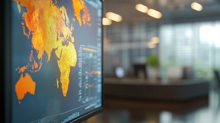 Realistic digital weather map displayed on a screen with a blurred office workspace in the background. Modern interface showcasing weather data and forecasts