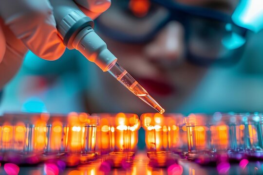 close-up shot of a biological scientist using a micropipette and microplate in a research laboratory for analyzing samples related to genomics, cancer, and immunotherapy.