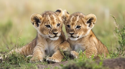Adorable Lion Cubs Huddled Together in the African Savanna