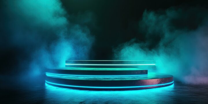 Illuminated circular platform surrounded by fog, suitable for event promotions, music videos, or stage design.