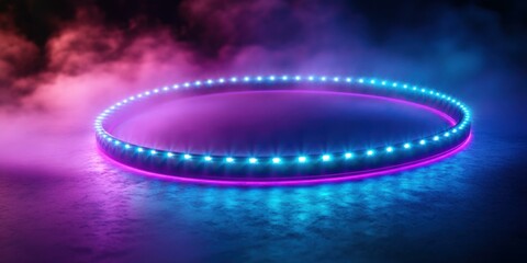 A glowing circular light ring surrounded by colorful mist, ideal for use in technology, nightlife, or event promotion.