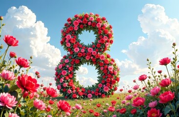 A large number 8 consisting of delicate pink flowers and leaves against the background of a flower field and clouds. The concept of International Women's Day, March 8, congratulations.