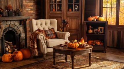 Interior of modern living room decorated for autumn with comfortable armchair, coffee table and pumpkins