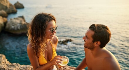 Happy couple enjoying a refreshing drink by the seaside at sunset