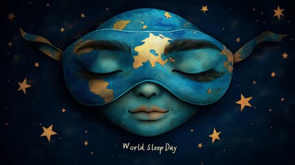 Artistic World Sleep Day illustration featuring a serene face wearing a celestial sleep mask with golden continents for wellness campaigns, relaxation themes, and sleep awareness in deep blue 