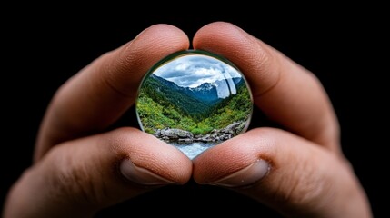 World in a Marble: A mesmerizing landscape unfolds within the confines of a crystal clear marble, held gently between two hands.