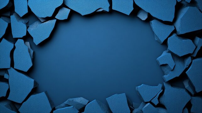 Shattered Blue: Abstract background of cracked, dark blue stone fragments creating a circular frame with a smooth central area, ideal for text or design elements. 