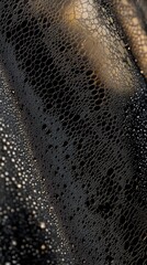 Texture of a black fabric with droplets reflecting light in a close-up shot