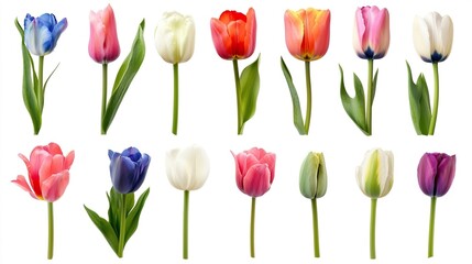 Fototapeta premium Vibrant Collection of Colorful Tulips Displayed on White Background