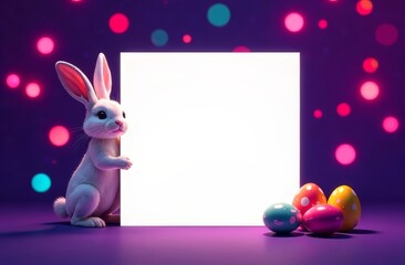 Fototapeta premium In the center is a white postcard, a space for text, from behind which an Easter bunny peeks out and Easter multi-colored eggs lie on a dark neon background with sequins and side. 