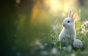 Easter background. Cute Little white  bunny and Easter eggs on green grass 