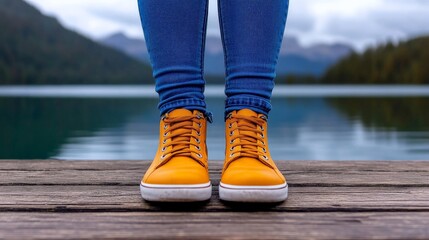 Yellow Sneakers by the Lake: A close-up view of yellow sneakers worn by a person standing on a wooden dock overlooking a tranquil lake and mountains.
