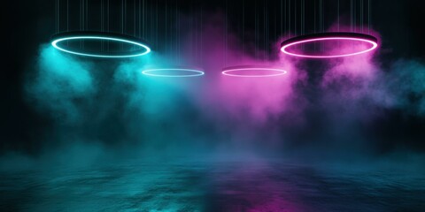 Abstract lighting design featuring neon rings and fog, suitable for event promotion, nightlife marketing, and modern art displays.