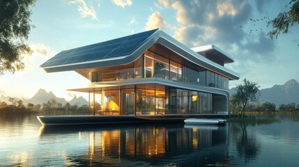 Fototapeta premium Futuristic Eco-Friendly Floating Home on Serene Lake at Sunset