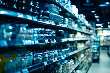 Long shelves with groceries in a supermarket offering various products
