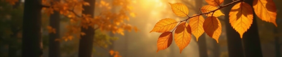 Softly glowing golden leaves on a branch in autumn forest landscape, branch, glow, leaf