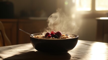 A bowl of oatmeal with raspberries and blueberries, steaming on a table.