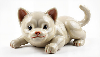 Fototapeta premium Cute ceramic cat figurine lying on a white background