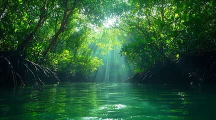 Obraz premium Sunbeams in mangrove forest waterway, tranquil nature scene, peaceful background, ideal for travel, nature documentaries