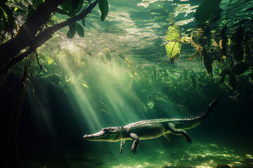 Half-Underwater Crocodiles in Tropical River: Serenity and Lurking Danger
