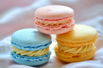 Vibrant pink, blue, and yellow macarons create a sweet and tempting arrangement