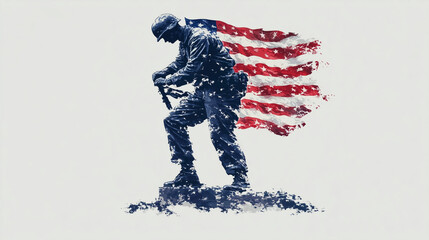 Fototapeta premium A silhouette of a soldier kneeling with a rifle, overlaid with the American flag. The soldier appears solemn, symbolizing sacrifice and patriotism.