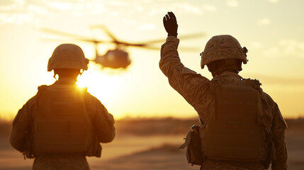Two soldiers waving goodbye as a helicopter takes off at sunset, creating a silhouette effect. The scene conveys themes of departure and camaraderie in a military setting.