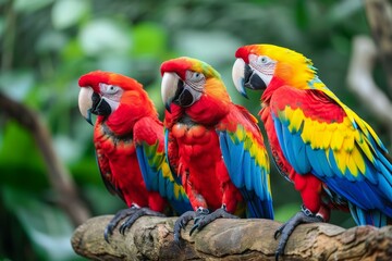 Fototapeta premium Three scarlet macaws are perching on a branch in a lush tropical forest