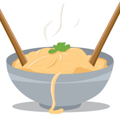 An illustration of a bowl of noodles in a gray dish with wooden chopsticks, garnished with a sprig of greenery. Steam rises from the bowl, creating a feeling of freshly cooked food. 