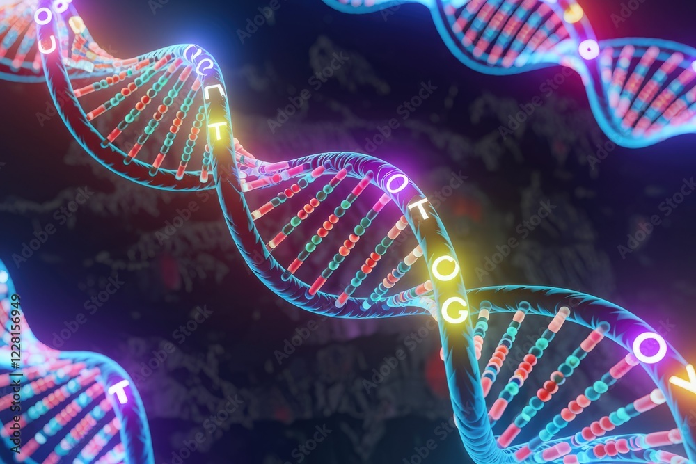 Poster glowing dna double helix structure; a vibrant illustration of genetic code and heredity.