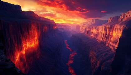 Fototapeta premium Dramatic canyon view with glowing mountain walls under a deep crimson sunset