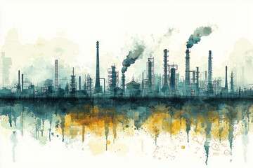 Obraz premium surreal industrial landscape featuring towering smokestacks and reflections in water, showcasing blend of colors and abstract forms. scene evokes sense of both beauty and pollution