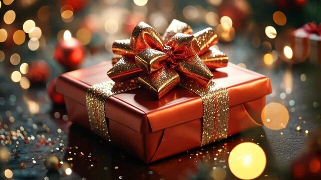 Sparkling gift box with glittering bow amidst festive lights and bokeh effects