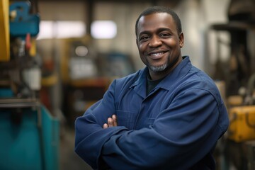 Obraz premium A Black man in his thirties stands with arms crossed and a warm smile in a busy workshop. Blurred industrial tools and equipment create a productive atmosphere in the background