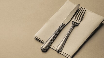 Elegant silverware set on beige napkin.