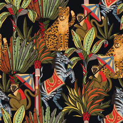 Seamless pattern with zebra, leopard, monkey and jungle trees. Vector. © Yumeee