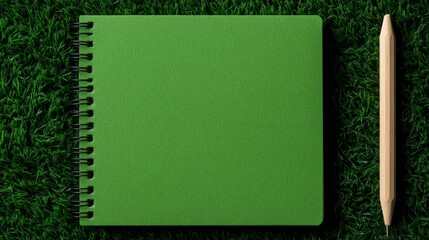 Green Notebook and Pencil on Grass: A vibrant green spiral notebook rests on a lush green grass background, accompanied by a light brown wooden pencil.  The image offers a minimalist.