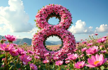 A large number 8 consisting of delicate pink flowers and leaves against the background of a flower field and clouds. The concept of International Women's Day, March 8, congratulations.
