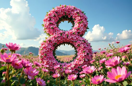 A large number 8 consisting of delicate pink flowers and leaves against the background of a flower field and clouds. The concept of International Women's Day, March 8, congratulations.